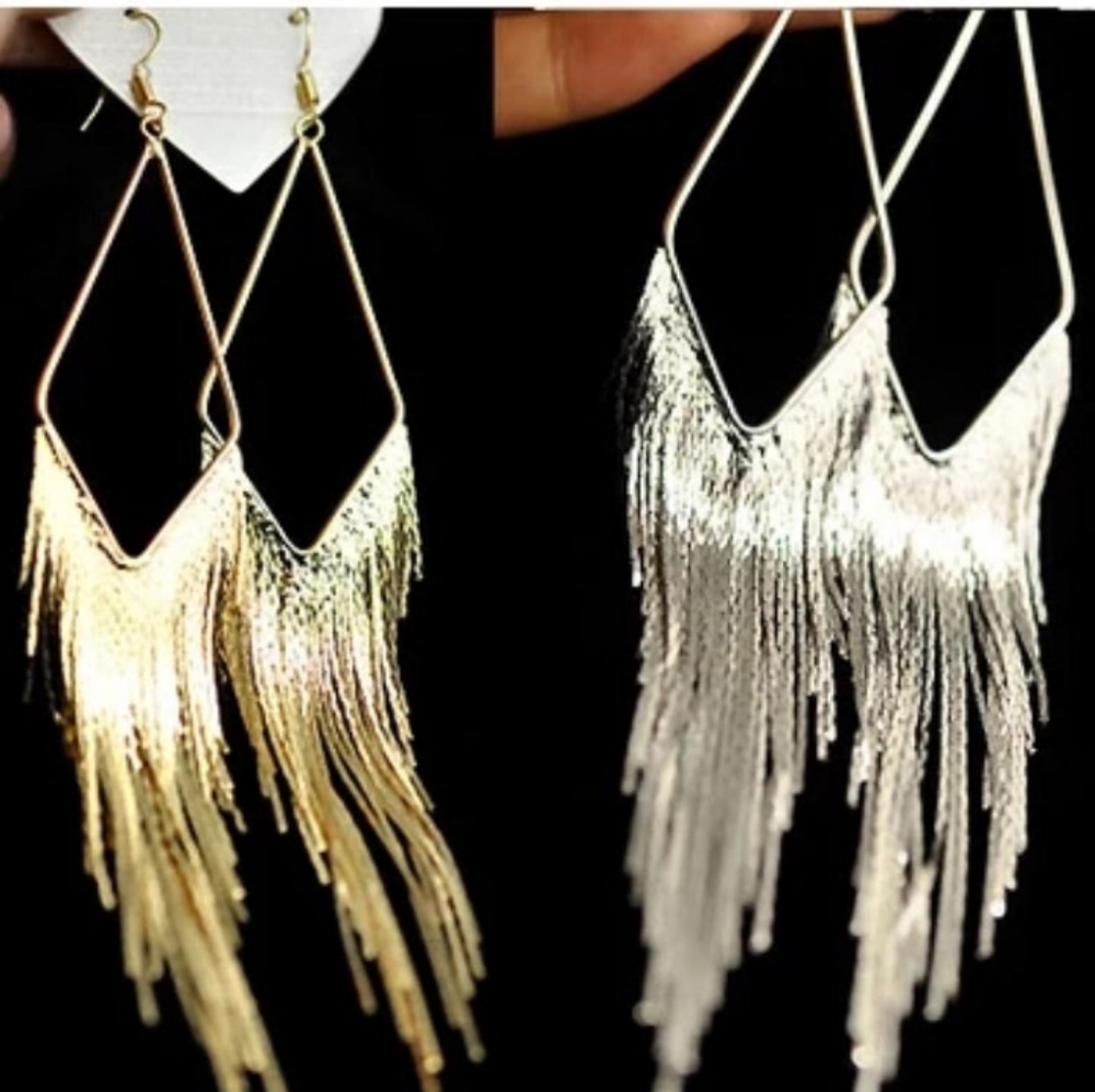 🎀 Rhodium & Gold Plated Long Tassel Earings - Picture 2 of 8